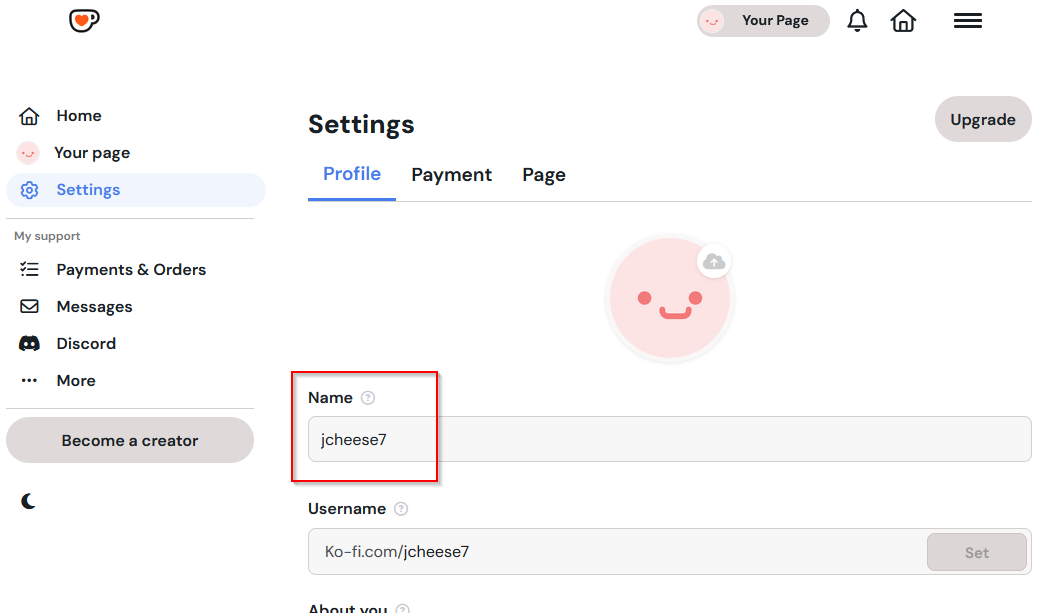 Ko-fi username page