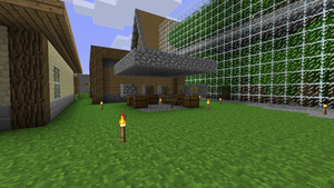 4uad's shop in the back of his house next to Ireland's public treehouse made out of glass. 4uad's shop has a cobblestone ceiling and floor with no walls and floating block behind every listing of his items with the prices for the amount.